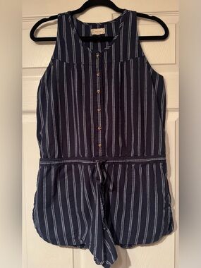 Sandy & Sid Sz Large Striped Navy Sleeveless Romper w/ back pockets, drawstring